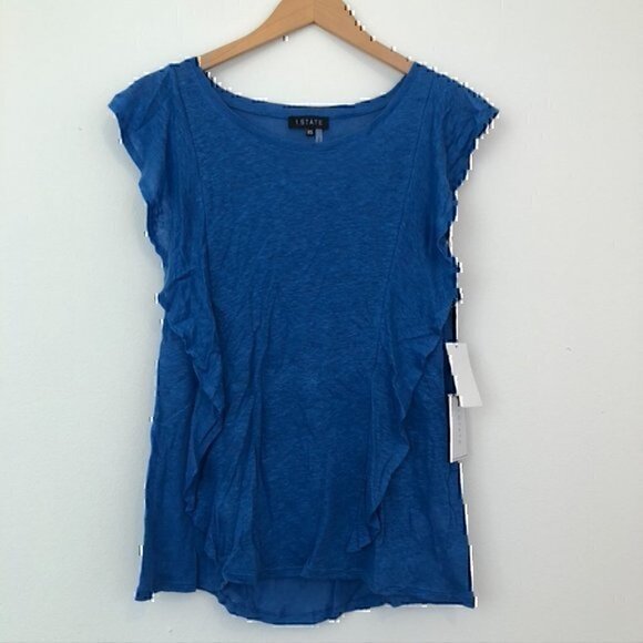NEW NWT 1.STATE Ruffle Linen Top Bright Blue Short Cap Sleeve 100% LINEN - FLAW - Picture 2 of 8